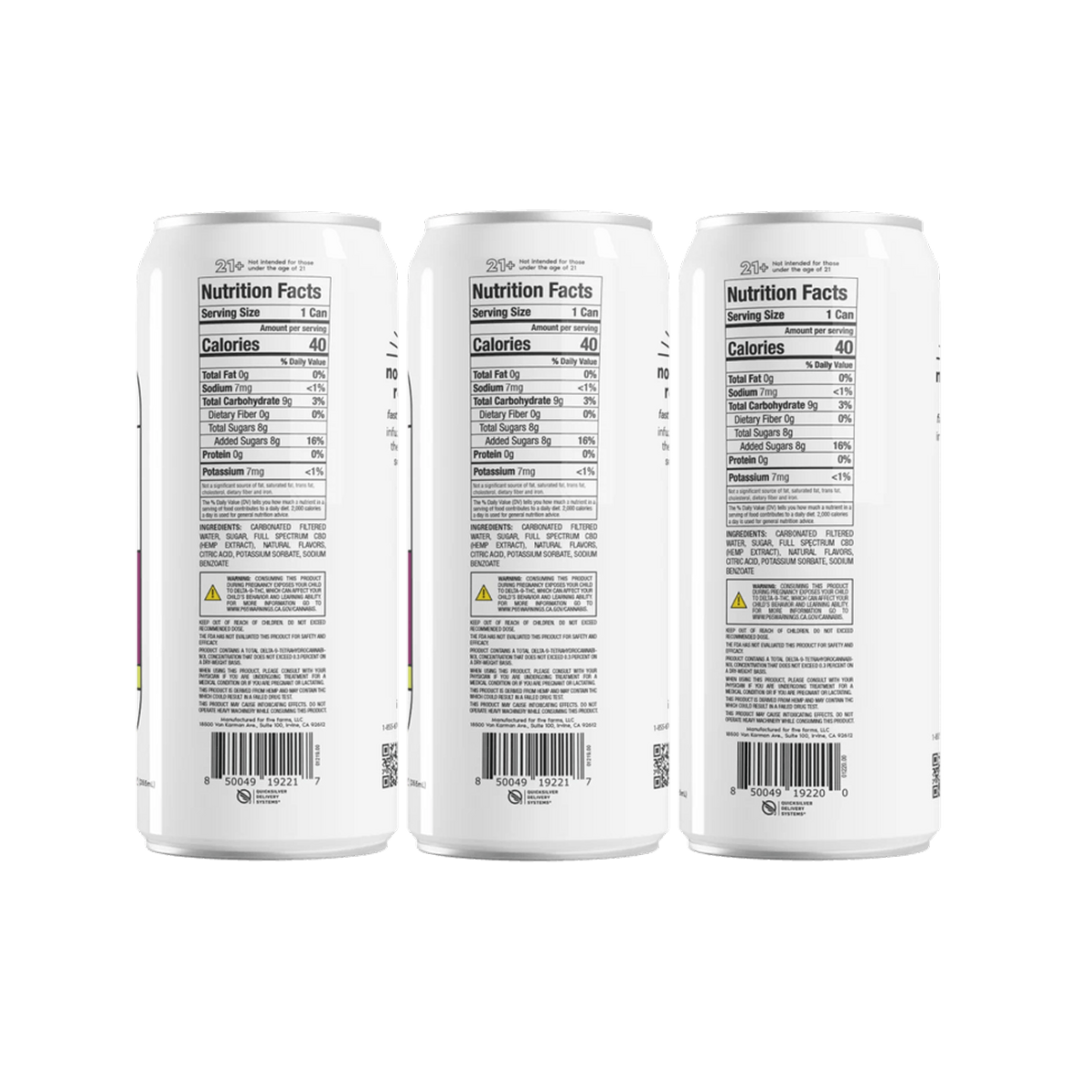 Rear view of Infuzed THC seltzer cans showing Nutrition Facts Calories 40 and ingredients on white background