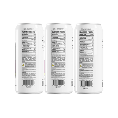 Rear view of Infuzed THC seltzer cans showing Nutrition Facts Calories 40 and ingredients on white background