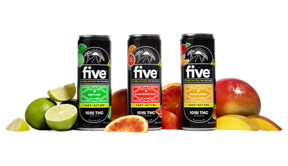 Three 'five' cans: ZESTY LIME, BLOOD ORANGE BLAZE, MANGO SUNSET; fruit props; labels read FAST-ACTING, 10MG THC.