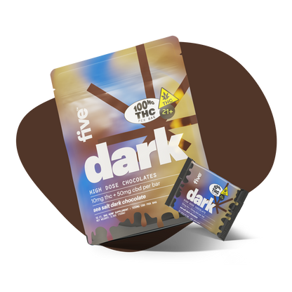 Five dark high dose chocolates package with 100mg THC per bag, 21+ warning, and sea salt dark chocolate flavor, plus a smaller individual chocolate piece package.