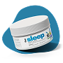 Front of 5mg Knockout sleep gummies jar labeled “i sleep” showing white jar with blue lid on teal background