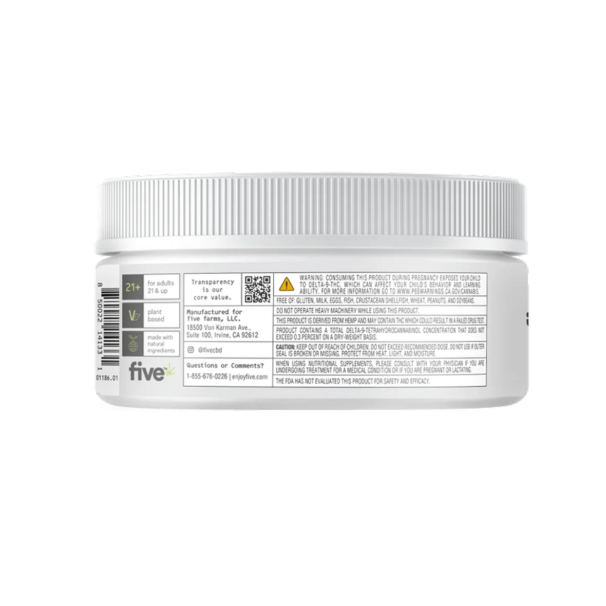 Back of Five Daily Microdose 2mg THC 25mg CBD gummies jar showing supplement facts and warning label