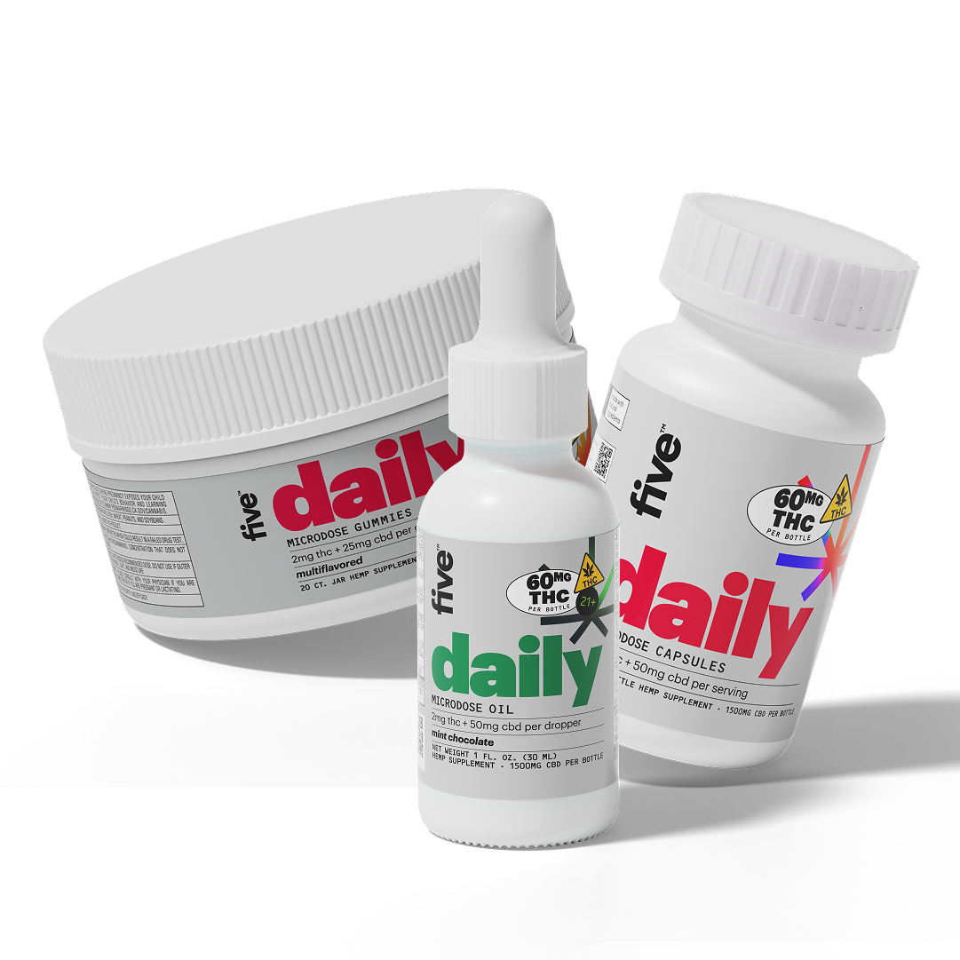 Three five daily microdose products: gummies, oil, and capsules, each labeled with '60MG THC PER BOTTLE' and product details.