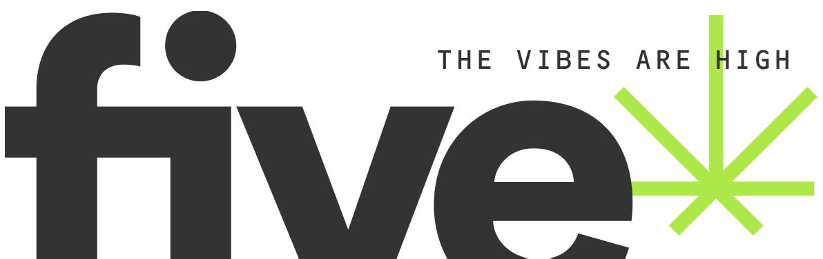 Logo with the word 'five' in bold black letters, a green star-like symbol, and the phrase 'THE VIBES ARE HIGH' above the 'e'.