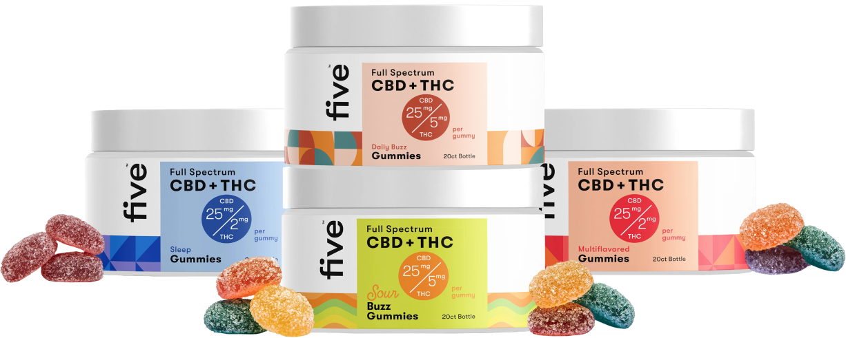 Four jars of five brand Full Spectrum CBD+THC gummies labeled Sleep, Daily Buzz, Sour Buzz, and Multiflavor, each with CBD and THC mg per gummy and 20 count bottle indicated.