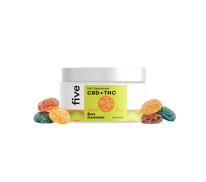 Five Full Spectrum CBD + THC Buzz Gummies 20ct bottle with 25 mg CBD and 5 mg THC per gummy, surrounded by colorful gummies in orange, yellow, red, and blue.