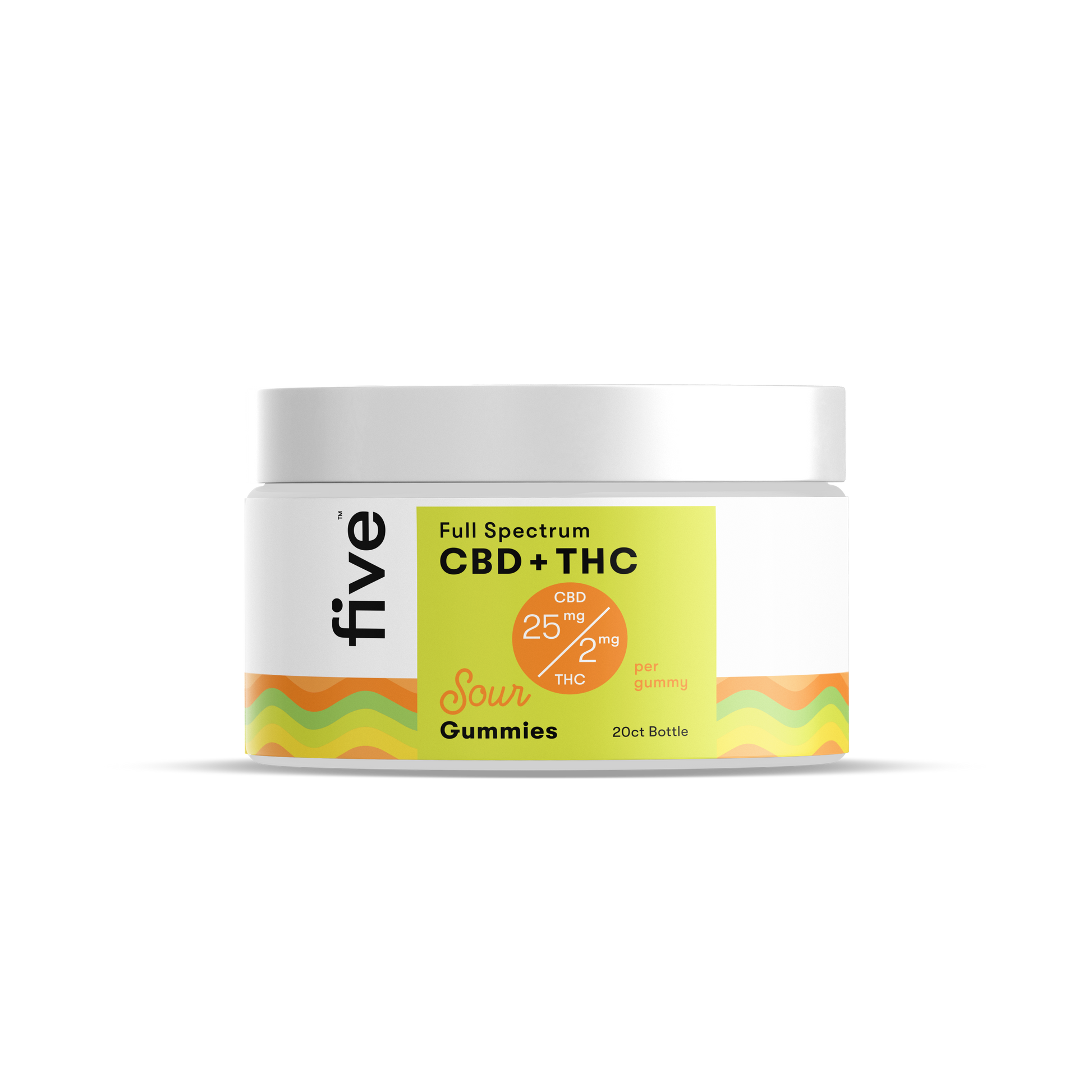 Container of Five brand Full Spectrum CBD + THC Sour Gummies, 25 mg CBD and 2 mg THC per gummy, 20 count bottle