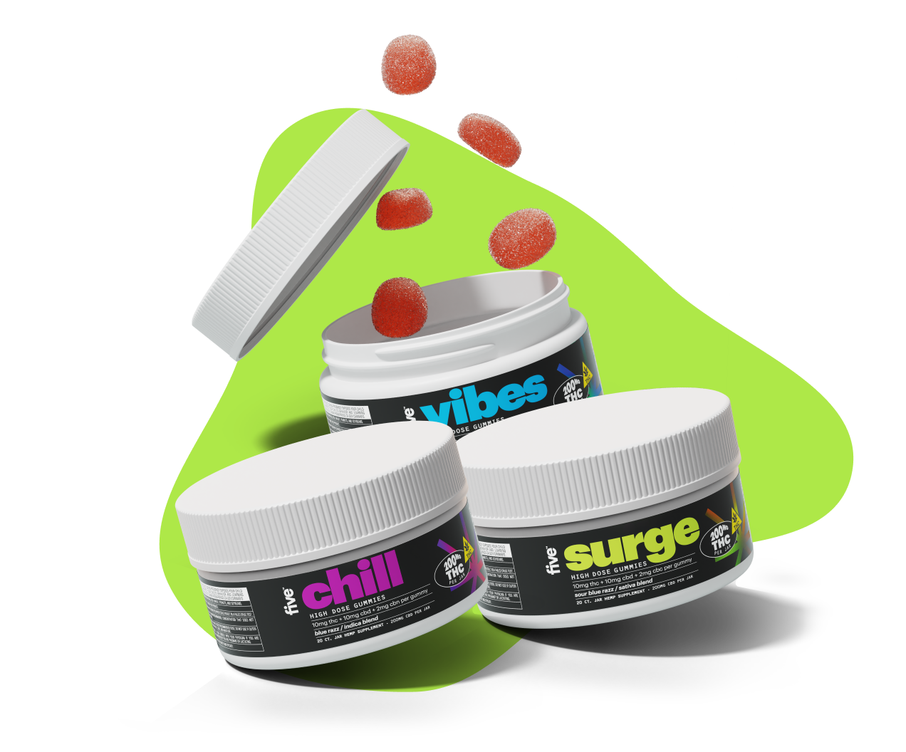 A jar of "five sleep" knockout gummies, featuring a white lid and colorful label, highlighting ingredients and dosage information.